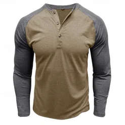 Best OUKU Men's Button T Shirt T Shirt Henley Shirt Tee Long Sleeve Henley Spring & Fall Color Block Fashion Designer Basic Patchwork Vacation Street Going out Black Dark Red Yellow Top Tee for Men