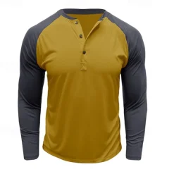 Best OUKU Men's Button T Shirt T Shirt Henley Shirt Tee Long Sleeve Henley Spring & Fall Color Block Fashion Designer Basic Patchwork Vacation Street Going out Black Dark Red Yellow Top Tee for Men