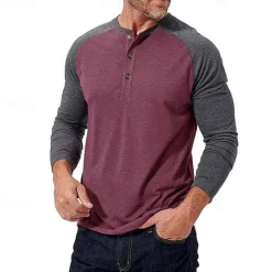 Best OUKU Men's Button T Shirt T Shirt Henley Shirt Tee Long Sleeve Henley Spring & Fall Color Block Fashion Designer Basic Patchwork Vacation Street Going out Black Dark Red Yellow Top Tee for Men