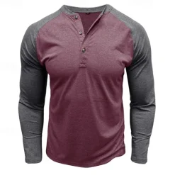 Best OUKU Men's Button T Shirt T Shirt Henley Shirt Tee Long Sleeve Henley Spring & Fall Color Block Fashion Designer Basic Patchwork Vacation Street Going out Black Dark Red Yellow Top Tee for Men