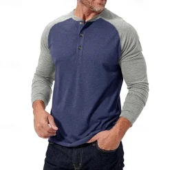 Best OUKU Men's Button T Shirt T Shirt Henley Shirt Tee Long Sleeve Henley Spring & Fall Color Block Fashion Designer Basic Patchwork Vacation Street Going out Black Dark Red Yellow Top Tee for Men