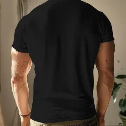 Discount OUKU Men's Button T Shirt T Shirt Henley Shirt Tee Short Sleeve V Neck Spring & Summer Plain Pit Strip Fashion Designer Basic Vacation Street Going out Wine Black White Top Tee for Men
