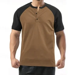Hot OUKU Men's Button T Shirt T Shirt Henley Shirt Tee Short Sleeve Henley Summer Color Block Fashion Designer Basic Patchwork Vacation Street Going out White Wine Camel Top Tee for Men
