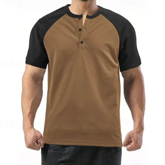 Hot OUKU Men's Button T Shirt T Shirt Henley Shirt Tee Short Sleeve Henley Summer Color Block Fashion Designer Basic Patchwork Vacation Street Going out White Wine Camel Top Tee for Men
