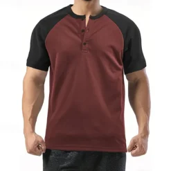 Hot OUKU Men's Button T Shirt T Shirt Henley Shirt Tee Short Sleeve Henley Summer Color Block Fashion Designer Basic Patchwork Vacation Street Going out White Wine Camel Top Tee for Men