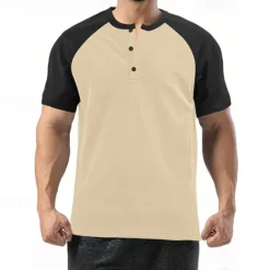Hot OUKU Men's Button T Shirt T Shirt Henley Shirt Tee Short Sleeve Henley Summer Color Block Fashion Designer Basic Patchwork Vacation Street Going out White Wine Camel Top Tee for Men