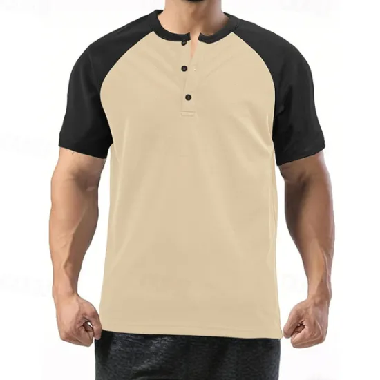 Hot OUKU Men's Button T Shirt T Shirt Henley Shirt Tee Short Sleeve Henley Summer Color Block Fashion Designer Basic Patchwork Vacation Street Going out White Wine Camel Top Tee for Men