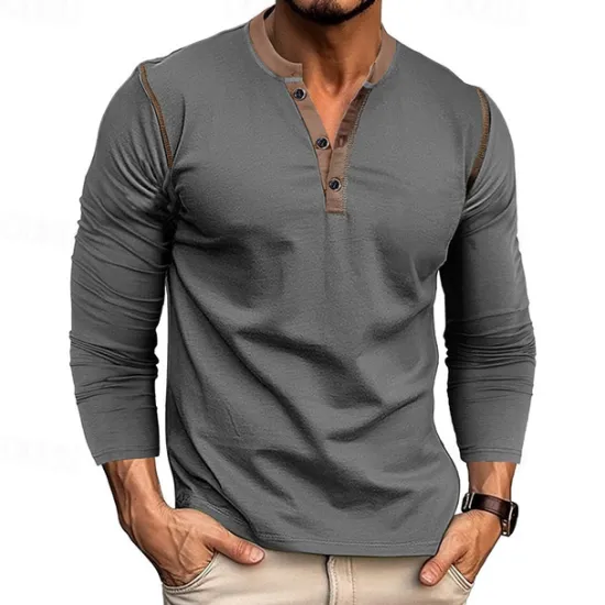 Online OUKU Men's Button T Shirt T Shirt Henley Shirt Tee Long Sleeve Henley Spring & Fall Patchwork Fashion Designer Basic Patchwork Vacation Street Going out Wine Black White Top Tee for Men