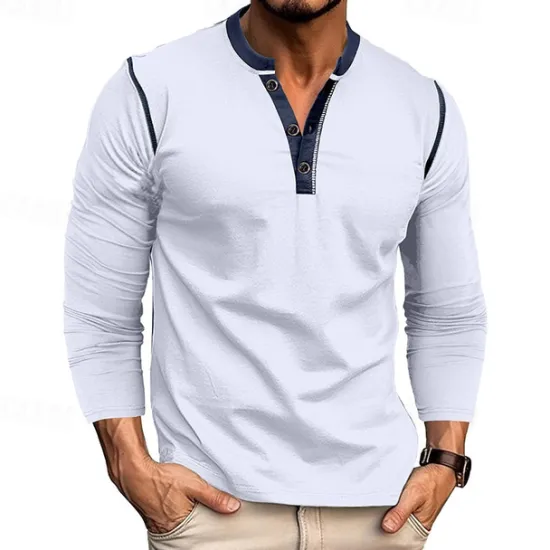 Online OUKU Men's Button T Shirt T Shirt Henley Shirt Tee Long Sleeve Henley Spring & Fall Patchwork Fashion Designer Basic Patchwork Vacation Street Going out Wine Black White Top Tee for Men