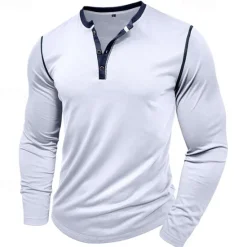 Online OUKU Men's Button T Shirt T Shirt Henley Shirt Tee Long Sleeve Henley Spring & Fall Patchwork Fashion Designer Basic Patchwork Vacation Street Going out Wine Black White Top Tee for Men