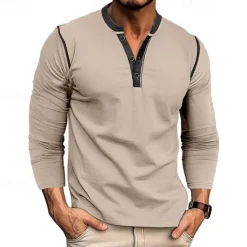 Online OUKU Men's Button T Shirt T Shirt Henley Shirt Tee Long Sleeve Henley Spring & Fall Patchwork Fashion Designer Basic Patchwork Vacation Street Going out Wine Black White Top Tee for Men