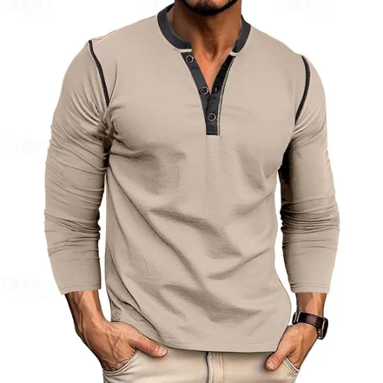 Online OUKU Men's Button T Shirt T Shirt Henley Shirt Tee Long Sleeve Henley Spring & Fall Patchwork Fashion Designer Basic Patchwork Vacation Street Going out Wine Black White Top Tee for Men