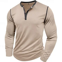 Online OUKU Men's Button T Shirt T Shirt Henley Shirt Tee Long Sleeve Henley Spring & Fall Patchwork Fashion Designer Basic Patchwork Vacation Street Going out Wine Black White Top Tee for Men