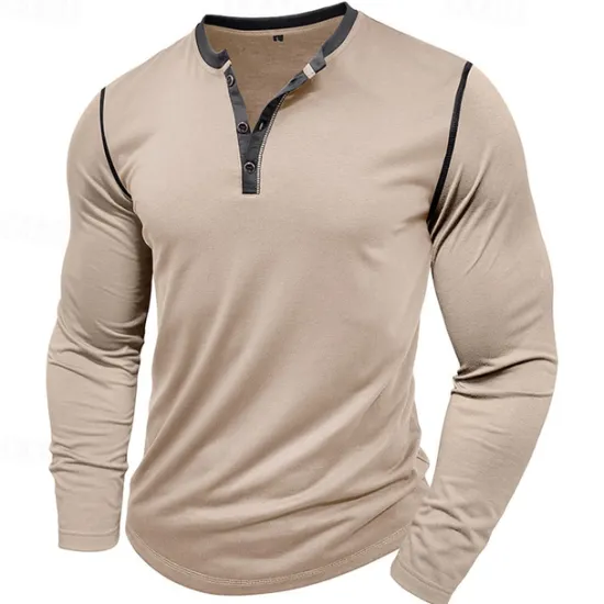 Online OUKU Men's Button T Shirt T Shirt Henley Shirt Tee Long Sleeve Henley Spring & Fall Patchwork Fashion Designer Basic Patchwork Vacation Street Going out Wine Black White Top Tee for Men