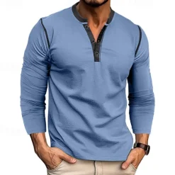 Online OUKU Men's Button T Shirt T Shirt Henley Shirt Tee Long Sleeve Henley Spring & Fall Patchwork Fashion Designer Basic Patchwork Vacation Street Going out Wine Black White Top Tee for Men