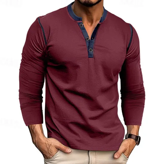 Online OUKU Men's Button T Shirt T Shirt Henley Shirt Tee Long Sleeve Henley Spring & Fall Patchwork Fashion Designer Basic Patchwork Vacation Street Going out Wine Black White Top Tee for Men