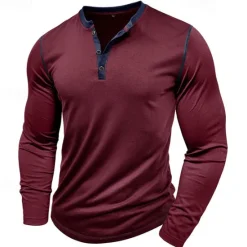 Online OUKU Men's Button T Shirt T Shirt Henley Shirt Tee Long Sleeve Henley Spring & Fall Patchwork Fashion Designer Basic Patchwork Vacation Street Going out Wine Black White Top Tee for Men
