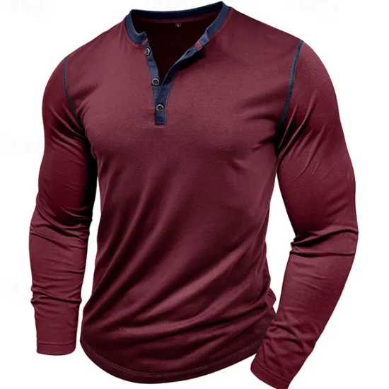 Online OUKU Men's Button T Shirt T Shirt Henley Shirt Tee Long Sleeve Henley Spring & Fall Patchwork Fashion Designer Basic Patchwork Vacation Street Going out Wine Black White Top Tee for Men