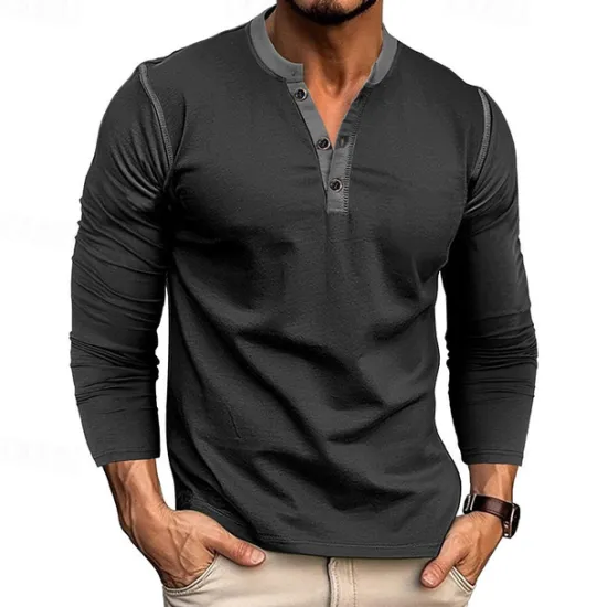 Online OUKU Men's Button T Shirt T Shirt Henley Shirt Tee Long Sleeve Henley Spring & Fall Patchwork Fashion Designer Basic Patchwork Vacation Street Going out Wine Black White Top Tee for Men