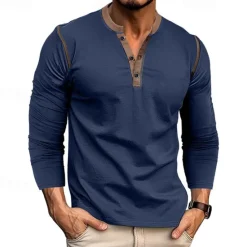 Online OUKU Men's Button T Shirt T Shirt Henley Shirt Tee Long Sleeve Henley Spring & Fall Patchwork Fashion Designer Basic Patchwork Vacation Street Going out Wine Black White Top Tee for Men