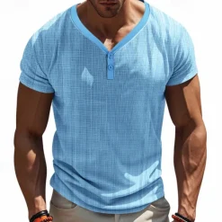 New OUKU Men's Button T Shirt T Shirt Henley Shirt Tee Short Sleeve Henley Summer Solid / Plain Color Fashion Designer Knitting Vacation Street Going out Navy Black White Top Tee for Men