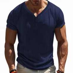 New OUKU Men's Button T Shirt T Shirt Henley Shirt Tee Short Sleeve Henley Summer Solid / Plain Color Fashion Designer Knitting Vacation Street Going out Navy Black White Top Tee for Men