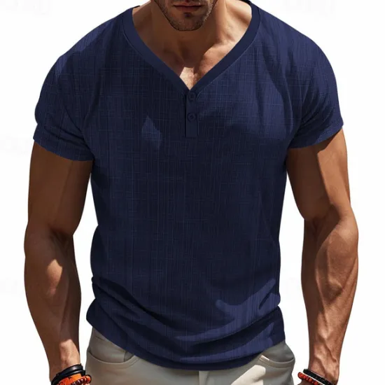 New OUKU Men's Button T Shirt T Shirt Henley Shirt Tee Short Sleeve Henley Summer Solid / Plain Color Fashion Designer Knitting Vacation Street Going out Navy Black White Top Tee for Men