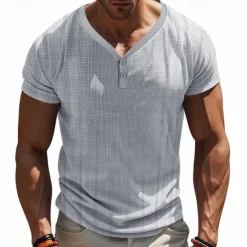 New OUKU Men's Button T Shirt T Shirt Henley Shirt Tee Short Sleeve Henley Summer Solid / Plain Color Fashion Designer Knitting Vacation Street Going out Navy Black White Top Tee for Men