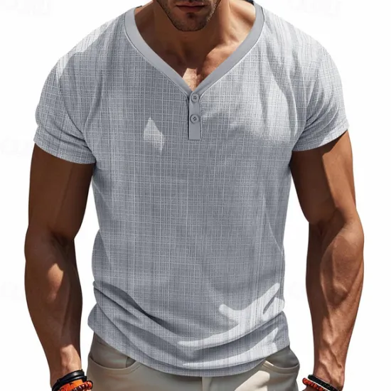New OUKU Men's Button T Shirt T Shirt Henley Shirt Tee Short Sleeve Henley Summer Solid / Plain Color Fashion Designer Knitting Vacation Street Going out Navy Black White Top Tee for Men