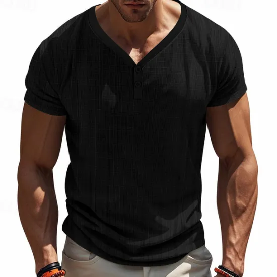 New OUKU Men's Button T Shirt T Shirt Henley Shirt Tee Short Sleeve Henley Summer Solid / Plain Color Fashion Designer Knitting Vacation Street Going out Navy Black White Top Tee for Men