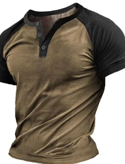 OUKU Men's Button T Shirt T Shirt Henley Shirt Cool Shirt Short Sleeves Henley Summer Color Block Designer Basic Modern Contemporary Patchwork Vacation Street Going out Navy Blue Brown Army Green Top Tee