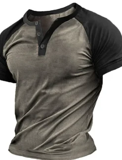 OUKU Men's Button T Shirt T Shirt Henley Shirt Cool Shirt Short Sleeves Henley Summer Color Block Designer Basic Modern Contemporary Patchwork Vacation Street Going out Navy Blue Brown Army Green Top Tee