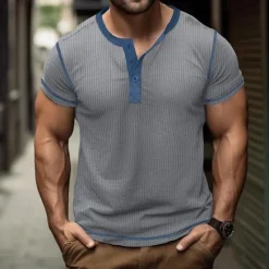 Online OUKU Men's Button T Shirt T Shirt Waffle Henley Shirt Henley Shirt Short Sleeve Henley Spring & Summer Color Block Fashion Designer Basic Patchwork Vacation Street Going out Black White Royal Blue Top Tee