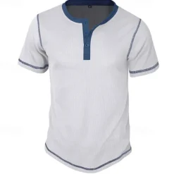 Online OUKU Men's Button T Shirt T Shirt Waffle Henley Shirt Henley Shirt Short Sleeve Henley Spring & Summer Color Block Fashion Designer Basic Patchwork Vacation Street Going out Black White Royal Blue Top Tee