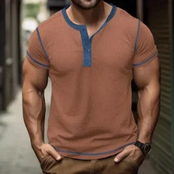Online OUKU Men's Button T Shirt T Shirt Waffle Henley Shirt Henley Shirt Short Sleeve Henley Spring & Summer Color Block Fashion Designer Basic Patchwork Vacation Street Going out Black White Royal Blue Top Tee