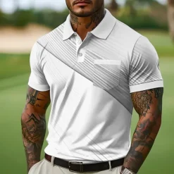 Sale OUKU Men's Button Up Polos Business Casual Lapel Short Sleeve Office Geometic Line Buttons Pocket Summer Yellow Blue Green Gray Button Up Polos