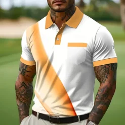 Online OUKU Men's Button Up Polos Business Casual Lapel Short Sleeve Office Geometic Line Buttons Pocket Summer Yellow Blue Orange Gray Button Up Polos