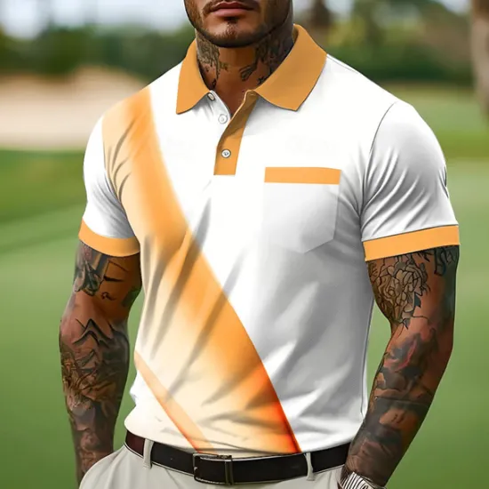 Online OUKU Men's Button Up Polos Business Casual Lapel Short Sleeve Office Geometic Line Buttons Pocket Summer Yellow Blue Orange Gray Button Up Polos