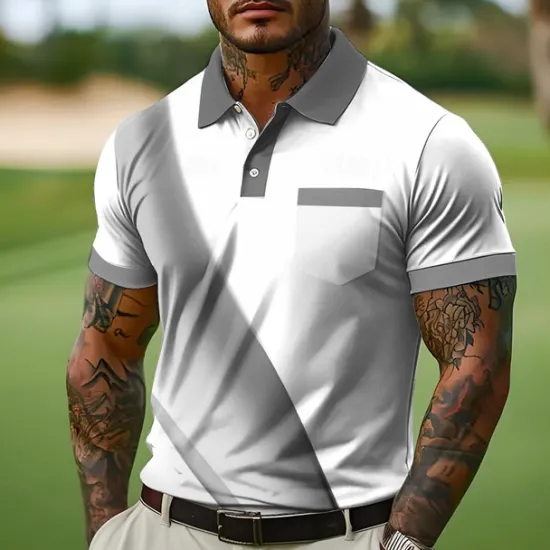 Online OUKU Men's Button Up Polos Business Casual Lapel Short Sleeve Office Geometic Line Buttons Pocket Summer Yellow Blue Orange Gray Button Up Polos