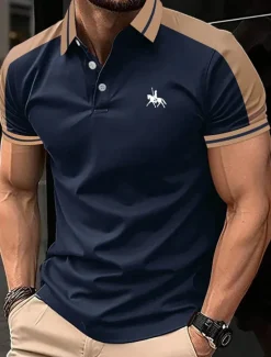 OUKU Men's Button Up Polos Cotton Polo Shirt Casual Holiday Lapel Short Sleeve Fashion Basic Color Block Patchwork Embroidered Summer Regular Fit Black Wine Navy Blue Green Grey Button Up Polos