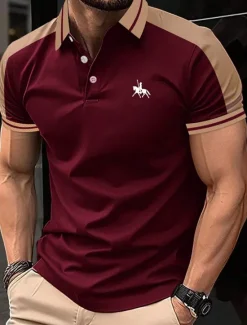 OUKU Men's Button Up Polos Cotton Polo Shirt Casual Holiday Lapel Short Sleeve Fashion Basic Color Block Patchwork Embroidered Summer Regular Fit Black Wine Navy Blue Green Grey Button Up Polos