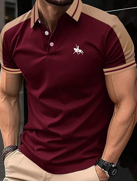 OUKU Men's Button Up Polos Cotton Polo Shirt Casual Holiday Lapel Short Sleeve Fashion Basic Color Block Patchwork Embroidered Summer Regular Fit Black Wine Navy Blue Green Grey Button Up Polos