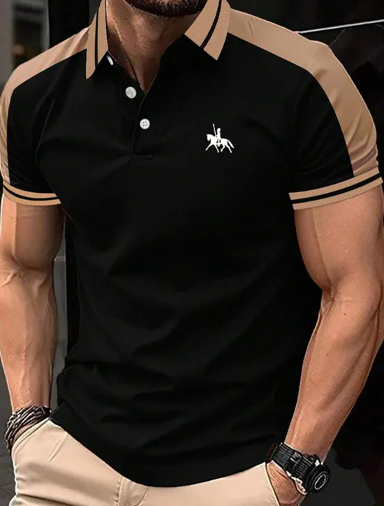 OUKU Men's Button Up Polos Cotton Polo Shirt Casual Holiday Lapel Short Sleeve Fashion Basic Color Block Patchwork Embroidered Summer Regular Fit Black Wine Navy Blue Green Grey Button Up Polos