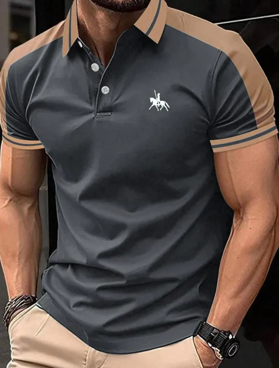 OUKU Men's Button Up Polos Cotton Polo Shirt Casual Holiday Lapel Short Sleeve Fashion Basic Color Block Patchwork Embroidered Summer Regular Fit Black Wine Navy Blue Green Grey Button Up Polos