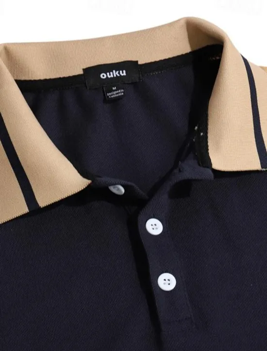 OUKU Men's Button Up Polos Cotton Polo Shirt Casual Holiday Lapel Short Sleeve Fashion Basic Color Block Patchwork Embroidered Summer Regular Fit Black Wine Navy Blue Green Grey Button Up Polos