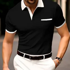 Hot OUKU Men's Button Up Polos Cotton Polo Shirt Casual Holiday Lapel Ribbed Polo Collar Short Sleeve Fashion Basic Plain Classic Summer Regular Fit Navy Black White Burgundy Sky Blue Grey Button Up Polos