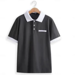 Hot OUKU Men's Button Up Polos Cotton Polo Shirt Casual Holiday Lapel Ribbed Polo Collar Short Sleeve Fashion Basic Plain Classic Summer Regular Fit Navy Black White Burgundy Sky Blue Grey Button Up Polos