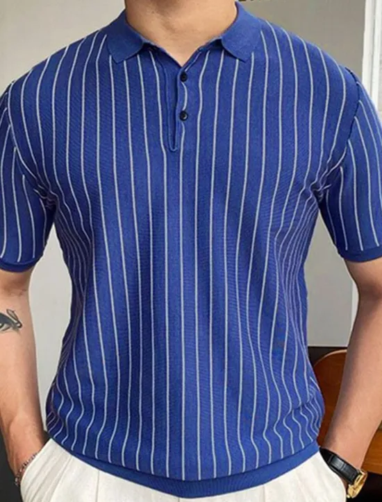 OUKU Men's Button Up Polos Golf Shirt Casual Sports Lapel Short Sleeve Fashion Basic Stripes Patchwork Buttons Summer Button Up Polos Blue