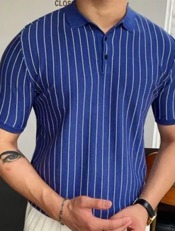 OUKU Men's Button Up Polos Golf Shirt Casual Sports Lapel Short Sleeve Fashion Basic Stripes Patchwork Buttons Summer Button Up Polos Blue