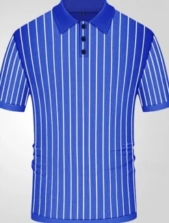 OUKU Men's Button Up Polos Golf Shirt Casual Sports Lapel Short Sleeve Fashion Basic Stripes Patchwork Buttons Summer Button Up Polos Blue